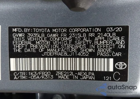 2020 Toyota Corolla Le from USA, damaged, VIN JTDEPRAE8LJ114052